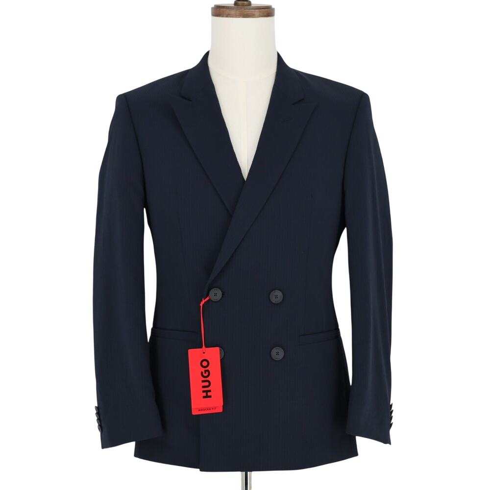 Hugo Boss Men's Navy Textured Superflex Double-Breast Slim Fit Jacket Size 34R